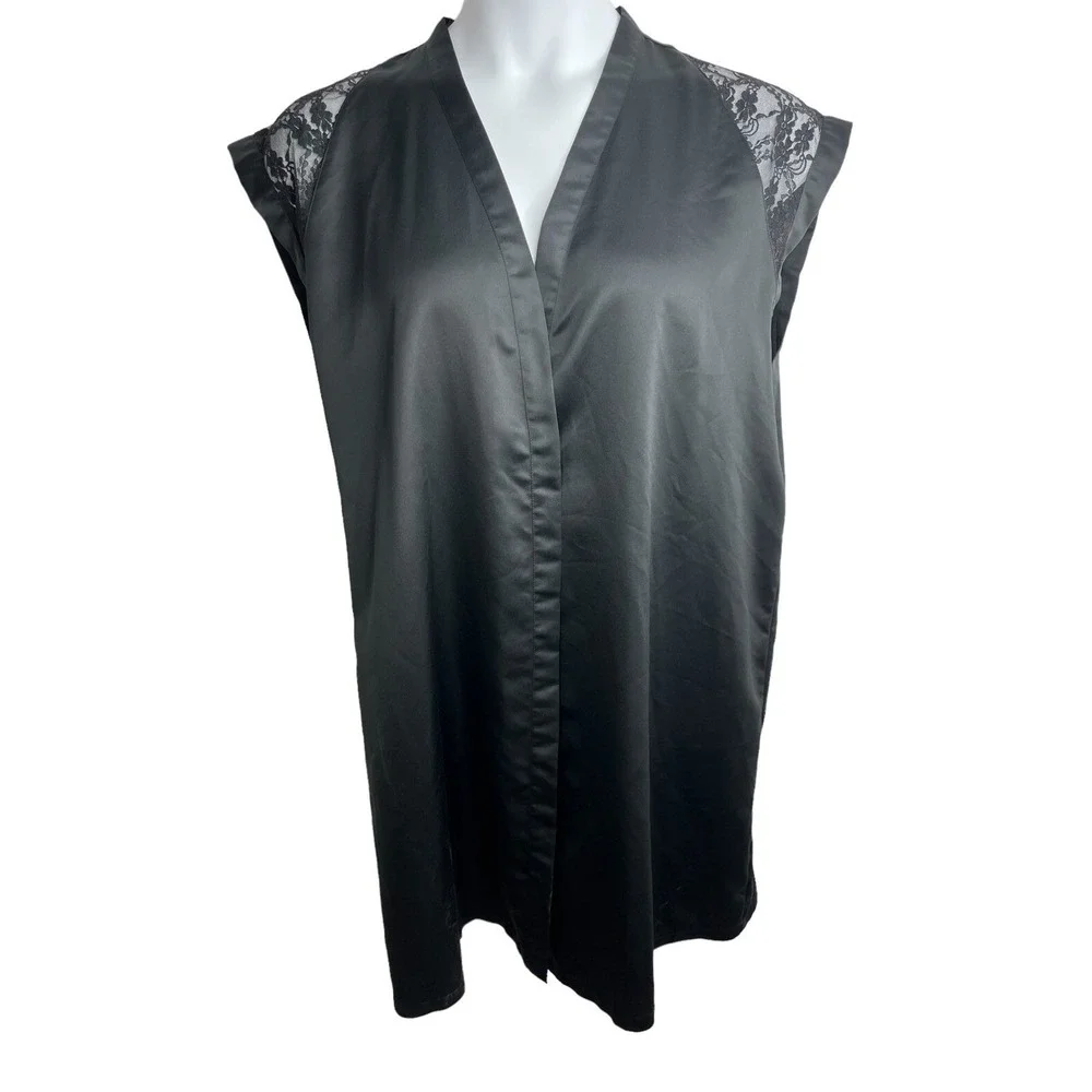 Victorias Secret Black‎ Satin Lace Shoulder Kimono Robe Sleepwear Womens Large